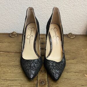 Jessica Simpson Black Lace Pointed Toe Pumps Womens 7.5 Stiletto Heels